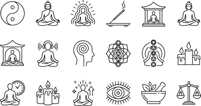 Meditation and spiritual wellness line icon set with yoga, chakra energy, incense, yin yang, third eye and mindfulness symbols vector illustration