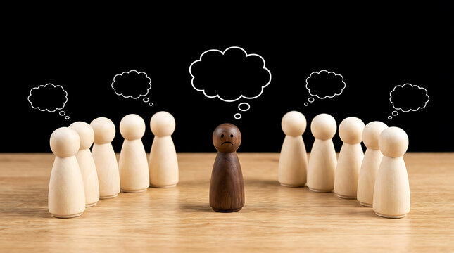Sad person surrounded by happy people with thought bubbles