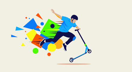 Dynamic illustration of a man performing a trick on a scooter with colorful abstract shapes. © Haroh