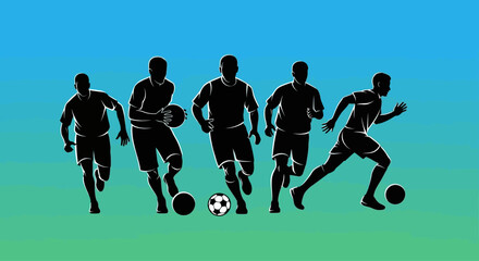 Silhouettes of five male soccer players in various action poses. © Haroh