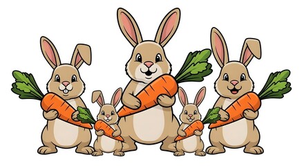 Fototapeta premium Three cartoon bunnies and a baby bunny holding carrots