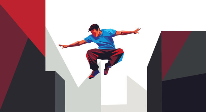 Dynamic male parkour athlete mid-air jump.
