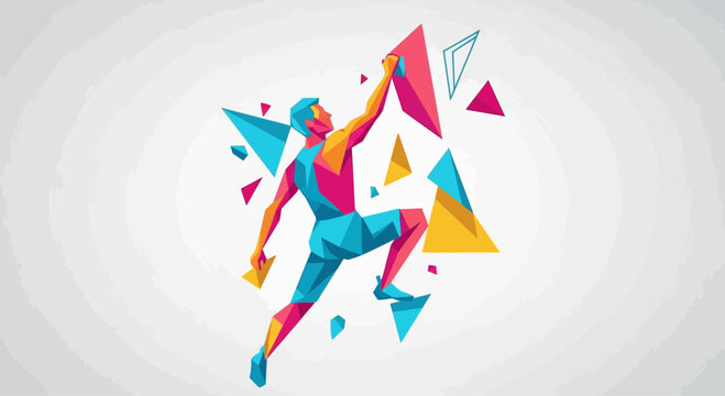 Dynamic geometric illustration of a male rock climber ascending.