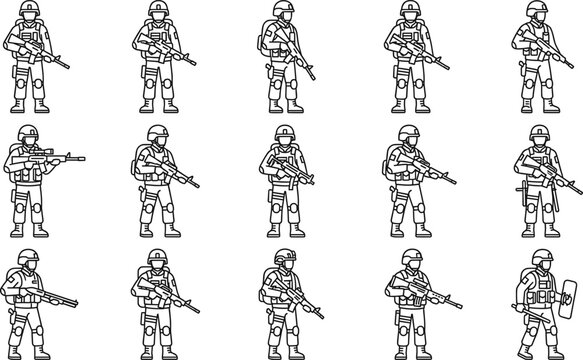 Military Soldier Line Icon Set with Armed Army Troopers, Tactical Infantry, Combat Gear, Rifle Weapons and Defense Security Forces Symbols