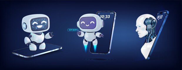 A humanoid robot and cute robots, a set of AI phone assistants. Cute 3D robotic agents greet you, a support chatbot, realistic 3D robots with mobile phones. Realistic vector set for AI projects. © SergeyBitos