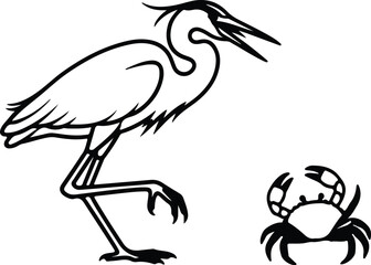 Vector heron bird and crab walking together coastal scene silhouette design