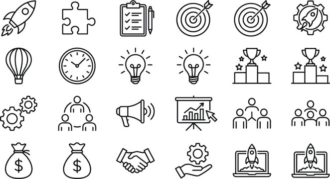 Startup and business growth line icon set with rocket launch, target goal, innovation idea, teamwork, investment and success symbols vector illustration