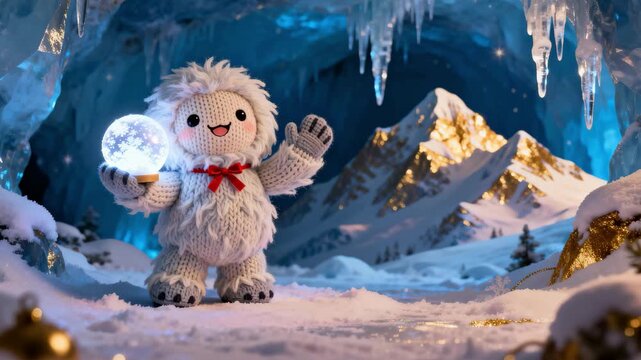 Cute knitted yeti toy holding a glowing magical snow globe inside an icy cave with mountain view. Enchanting winter holiday and Christmas fantasy concept.