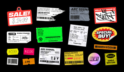 Fototapeta na wymiar Realistic Price Tag Stickers with crumpled, torn, wrinkled effects. Assorted paper tags and labels, payment receipt, information tag, sale stickers with price. Retail packaging design. Vector set
