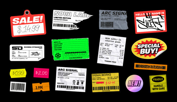 Realistic Price Tag Stickers with crumpled, torn, wrinkled effects. Assorted paper tags and labels, payment receipt, information tag, sale stickers with price. Retail packaging design. Vector set