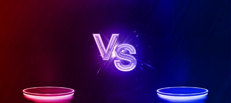 Neon VS Battle Background with Red and Blue Podiums. Glowing neon &ldquo;VS&rdquo; on a split red and blue arena background. Versus battle banner in cyberpunk style for game, esports matches, event. Vector banner