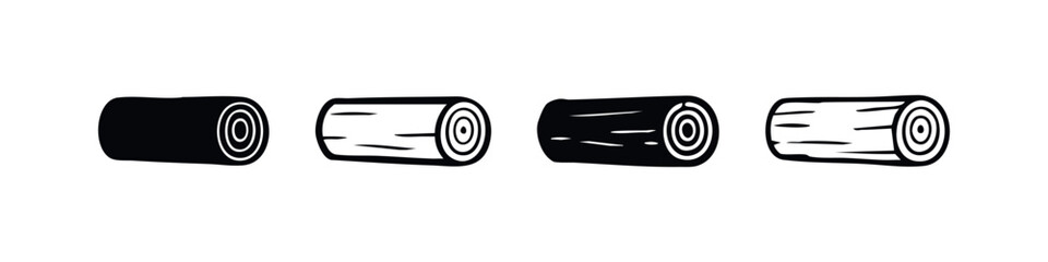 Wood log and tree trunk icons featuring end-grain and side-view, in both filled and outlined minimalist designs. © liubomir118809
