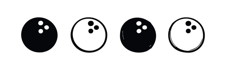 Bowling ball vector icons set. Sport game equipment illustration in solid and outline doodle style.