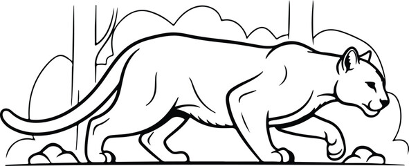 Vector walking cougar mountain lion feline predator in wild nature silhouette design © Tamjida Alam