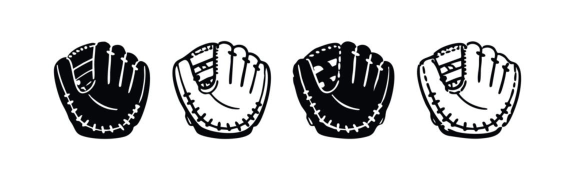 Set of Baseball Glove Icons, Sport Equipment Silhouettes, Baseball Game Vector Illustration