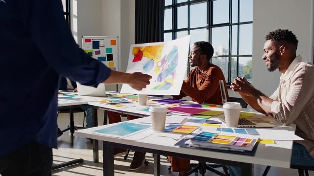 In a bright loft studio, a team gathers around long tables covered with colorful prints and samples, discussing a vibrant layout as sunlight streams through grid windows and coffee cups sit nearby.