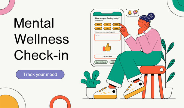 Online psychological help, mental health check using an app. A girl uses a mobile app to track her mood and mental health. Online psychotherapy concept. Psychologist App. Vector illustration. 