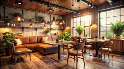 Fototapeta premium A photo of a cozy cafe interior with wooden furniture and soft lighting Warm tones, comfortable seating, and subtle decor create a peaceful atmospher