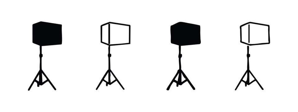 Octagonal softbox and light stand icons set for professional photo and video.