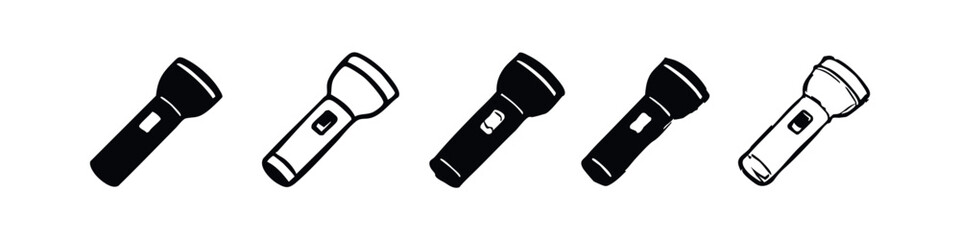 Simple black and white icons of flashlights in various styles, without light beams, isolated on white background.