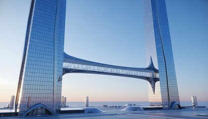 Fototapeta premium Tall Glass Skyscrapers Connected by Elevated Bridge at Sunset