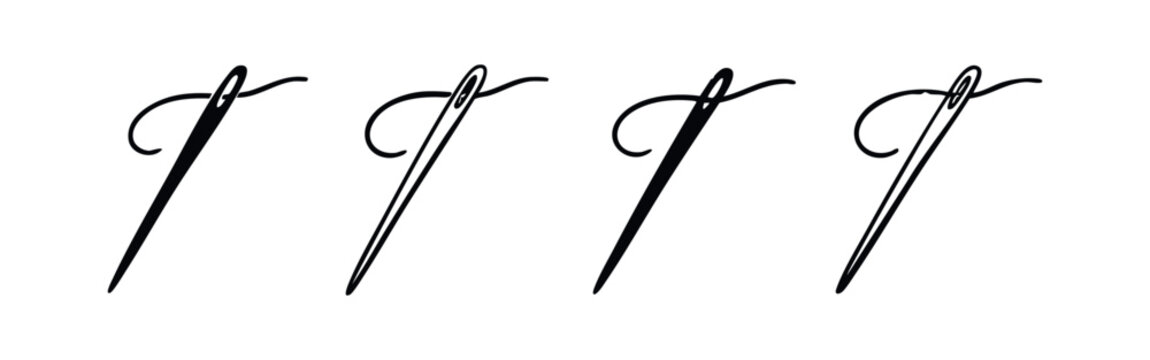 Sewing needle and thread icon set. Needlework tool vector illustration in solid and outline styles for crafts.