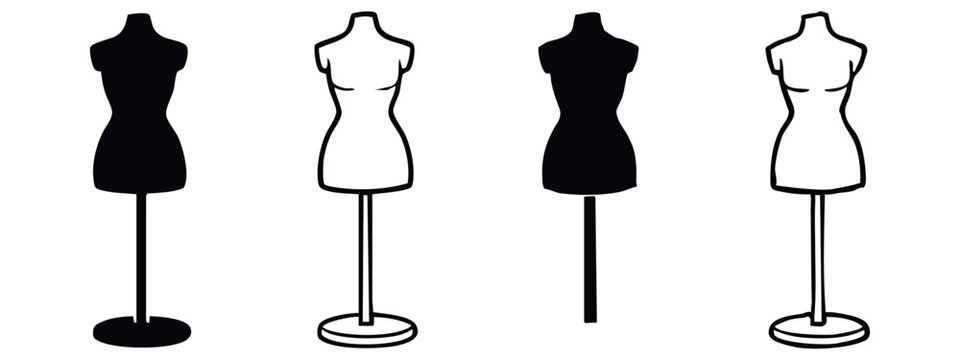 Dress form mannequin icon set. Fashion design tool vector illustration in solid and outline styles for clothing display.