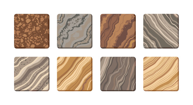 Eight square samples of diverse natural stone and wood grain textures, each with rounded corners, are neatly arranged in two rows on a white background, displaying wavy patterns.