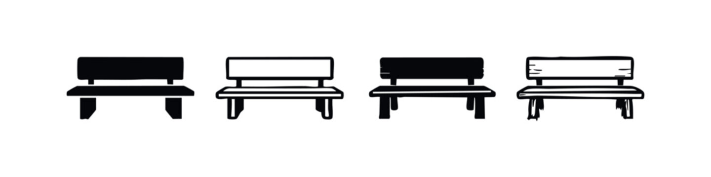 Hand-Drawn Bench Icons Set. Simple Doodle Park Bench Vector Illustration on White Background.
