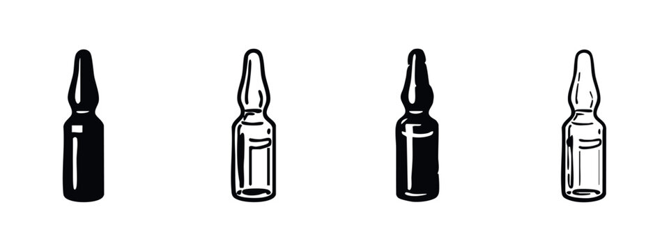 Ampoule vector icons set. Medical ampules with vaccine or serum, vial for injection and healthcare treatment.