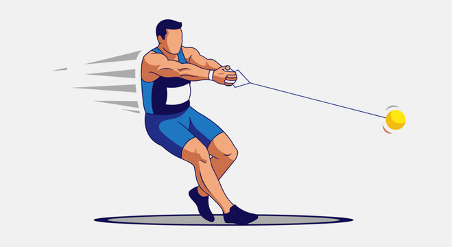 Male athlete in blue uniform performing hammer throw in track and field event.