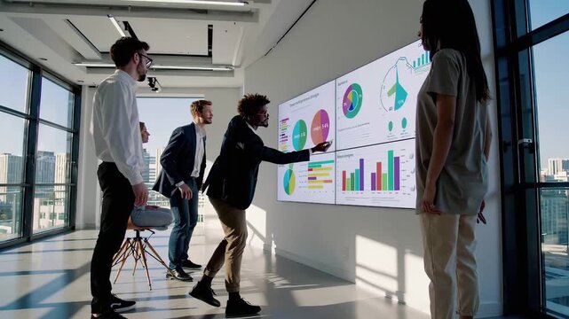 In a bright glass-walled office, a small team reviews interactive dashboards on wall screens; one presenter gestures at colorful charts and graphs while colleagues discuss strategy and next steps.