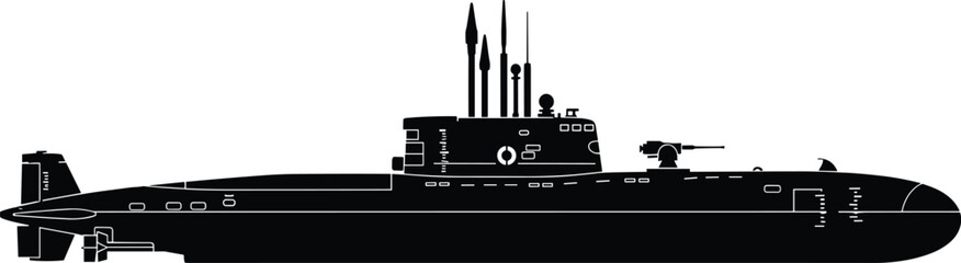 Military submarine silhouette featuring naval underwater warship with missiles and periscope illustrating maritime defense technology, strategic navy vessel isolated on white background © ROKEYA