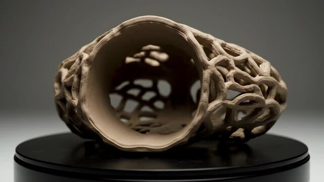Organic Skeletal Sculpture resting on a round pedestal in a minimal studio