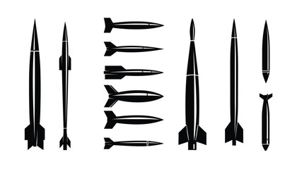 Assortment of rocket and missile silhouettes for aerospace and defense themes, showing different aerodynamic shapes for warheads and boosters
