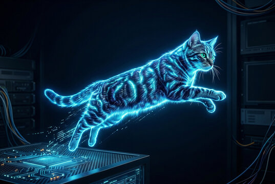 AI Cyber Cat Leaping from Digital Microchip and Server Rack Concept.