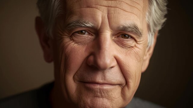 Smiling elderly man portrait close up with warm lighting, gentle expression and textured wrinkles