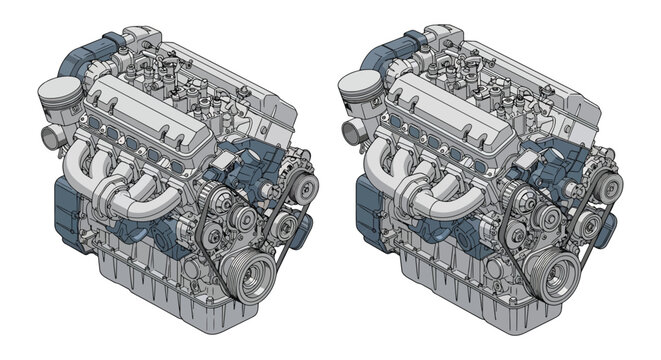 Detailed Automotive Engine Technical Illustration Showing V8 Car Engine From Two Angles