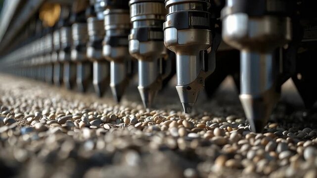 Row of metal seed planters sowing soybean seeds field with warm light shallow depth and closeup
