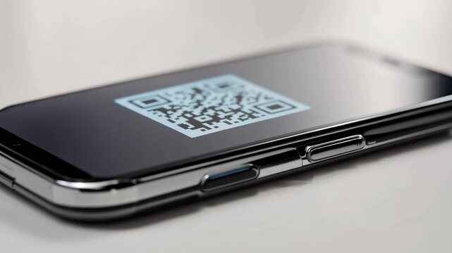 Smartphone close up qr code on glossy touchscreen with reflective surface and metallic button