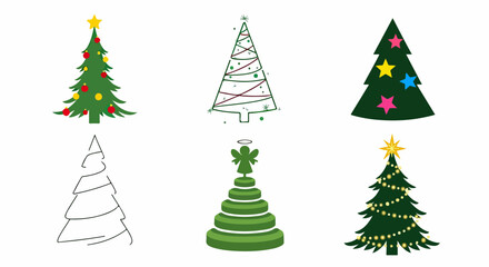 Obraz premium Coleção de árvores de Natal ilustradas em diversos estilos, com decorações festivas e design moderno para celebrações.