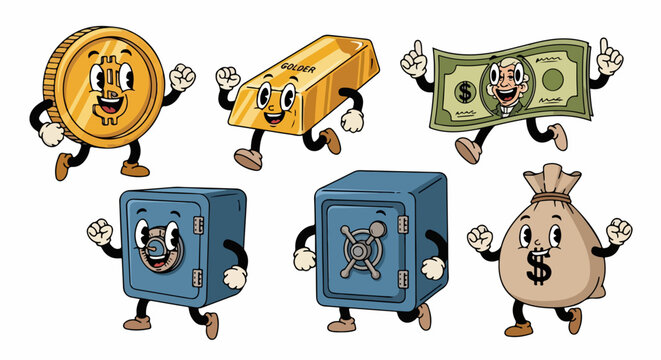 Personagens animados de dinheiro e riqueza, como moeda, barra de ouro, nota de d&oacute;lar, cofres e saco, correndo juntos em estilo retr&ocirc;.