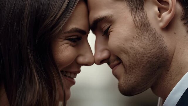 Closeup smiling couple forehead touch intimate romantic moment sharing tender warmth