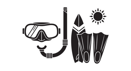 Snorkeling equipment illustration with flippers mask and sun symbol on white background for tropical vacation © Rulia