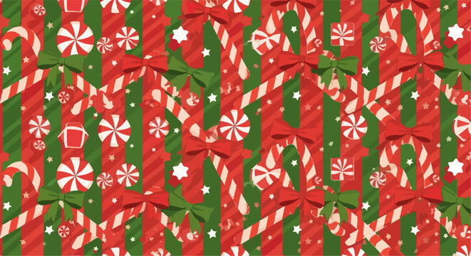 Padr&atilde;o festivo de Natal em design plano com bengalas doces, la&ccedil;os, pirulitos, flocos de neve e estrelas, ideal para fundos e embrulhos.