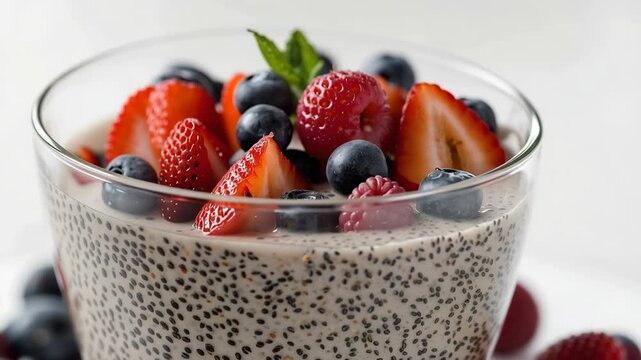Strawberry blueberry chia pudding topped with raspberry and mint bright refreshing creamy parfait
