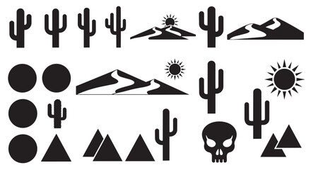 Desert themed graphic elements collection with cacti mountains sun and skull illustration designs © Rulia