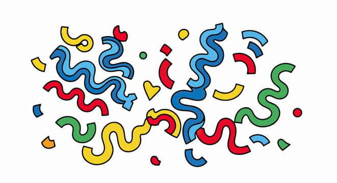 Ilustra&ccedil;&atilde;o vetorial de confete e serpentinas coloridas flutuando, ideal para celebra&ccedil;&otilde;es, festas e eventos festivos.