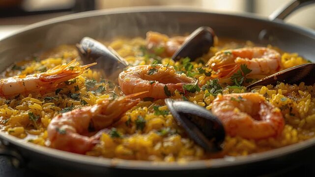 Seafood paella with shrimp mussel saffron rice savory vibrant garnish rustic fragrant rice dish