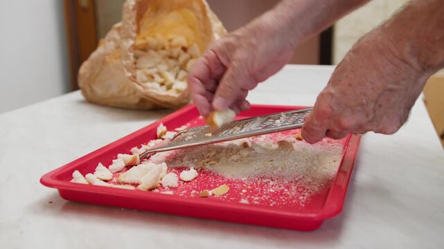 Hands grate hard bread to make crumbs food